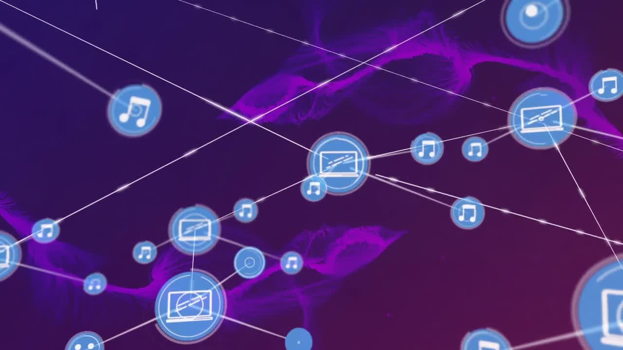 animación de una red de iconos digitales sobre ondas digitales púrpuras contra un fondo de gradiente