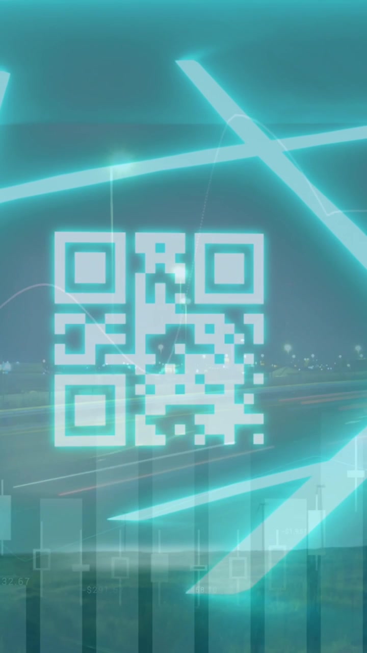 Animation of data processing with qr code and cityscape over wind turbines