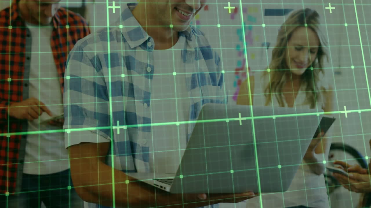 Grid pattern and data points animation over people using laptop