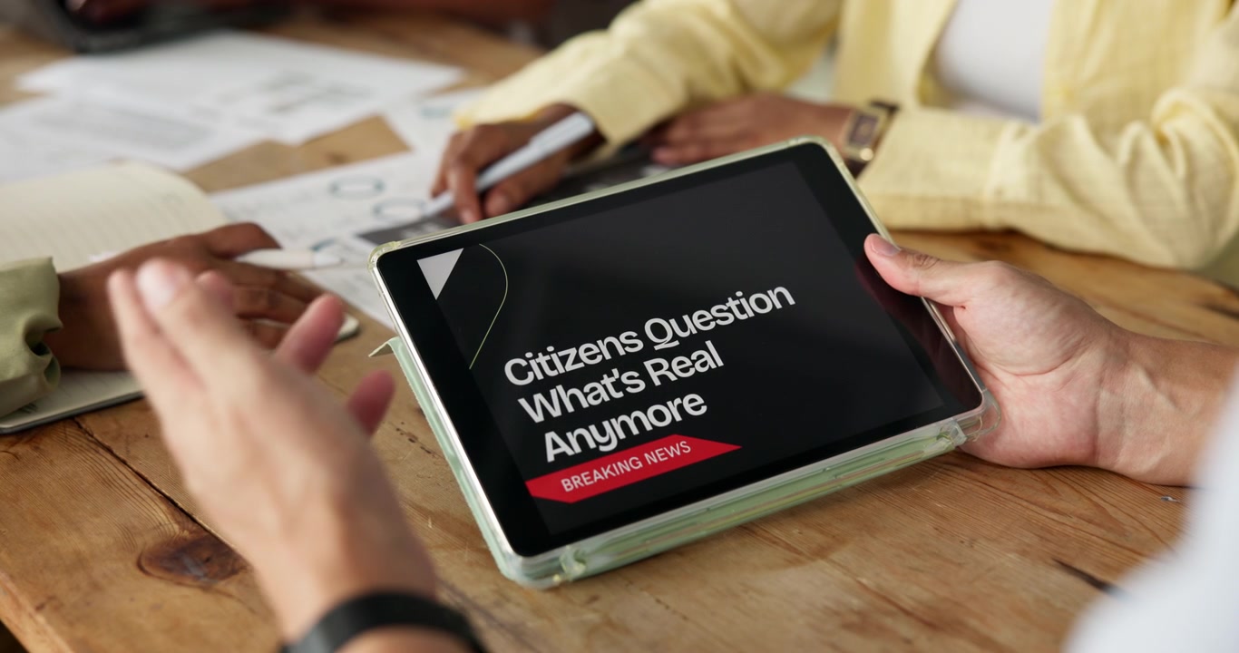 People Discussing News on Tablet in Office Meeting