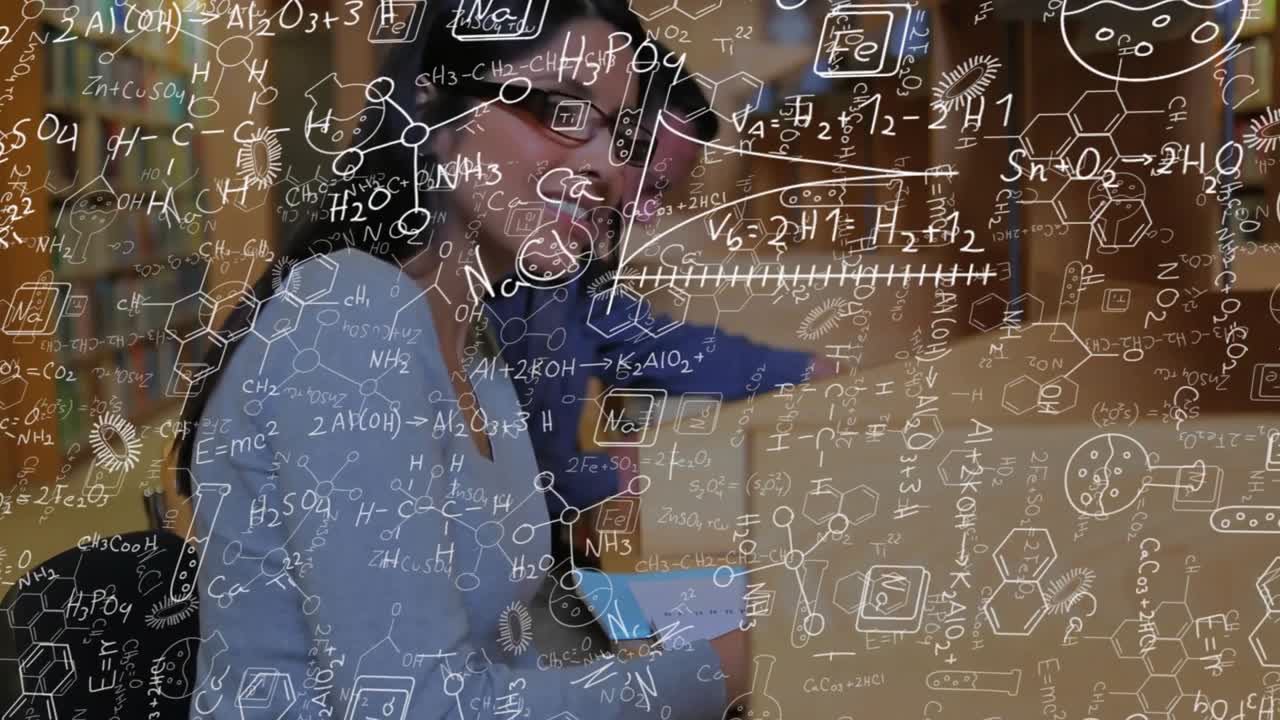 Hispanic student typing on laptop, tutor pointing at screen amid chemistry formulas for research