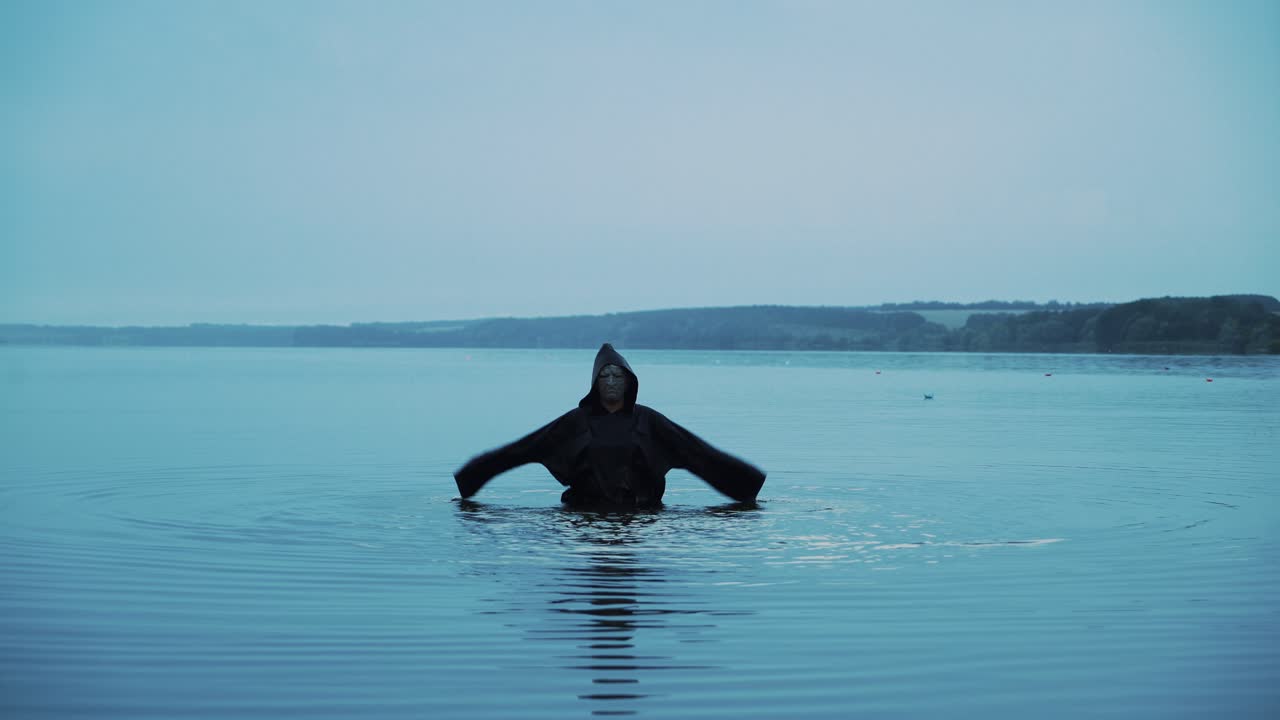 Terrible figure in a black robe in the water outdoor. Divination by Halloween
