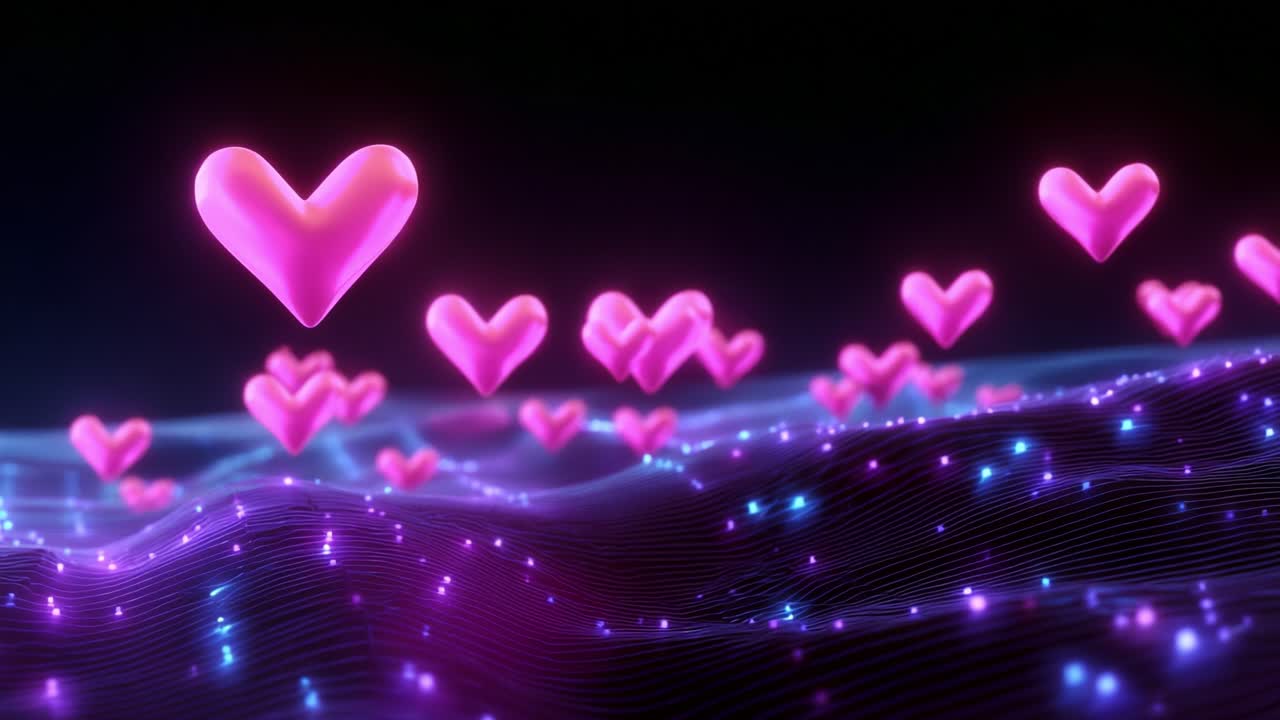 A mesmerizing display of floating pink hearts amidst a shimmering, wave-like background, creating an enchanting and uplifting atmosphere filled with love and positivity, evoking warmth and joy