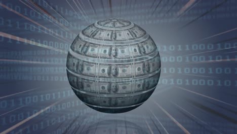 animación del globo con billetes de dólar sobre procesamiento de datos en fondo azul.