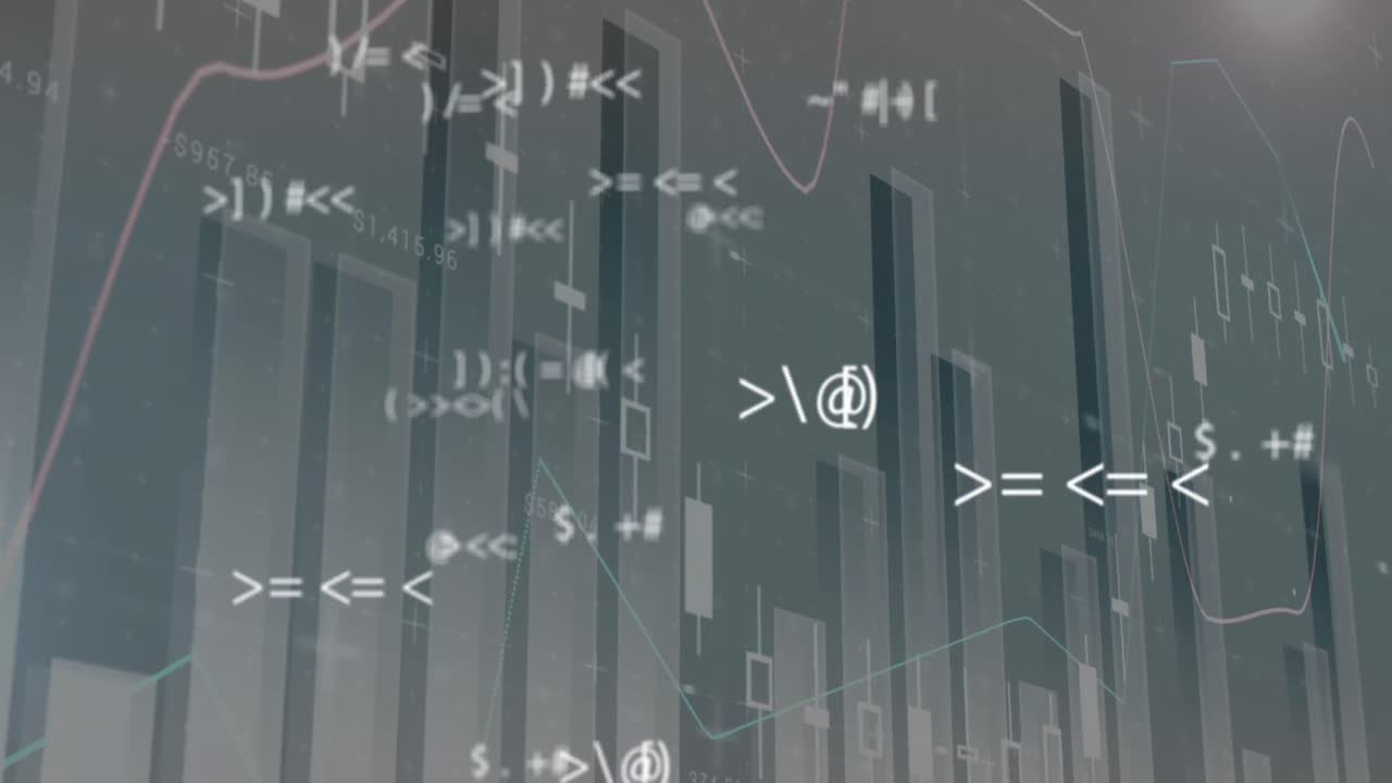animación de la interfaz digital con cambios de símbolos, procesamiento de datos financieros y estadísticas