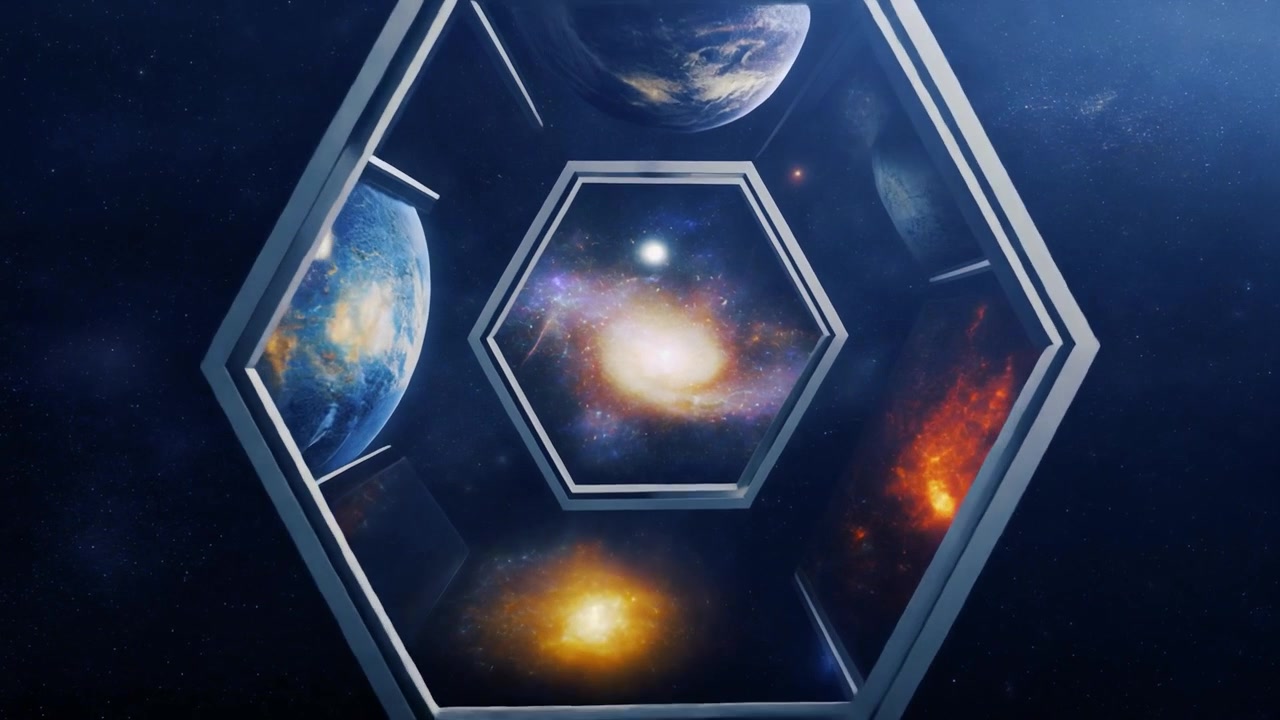 Abstract Hexagonal Portal Revealing Planets and Galaxies in Deep Space
