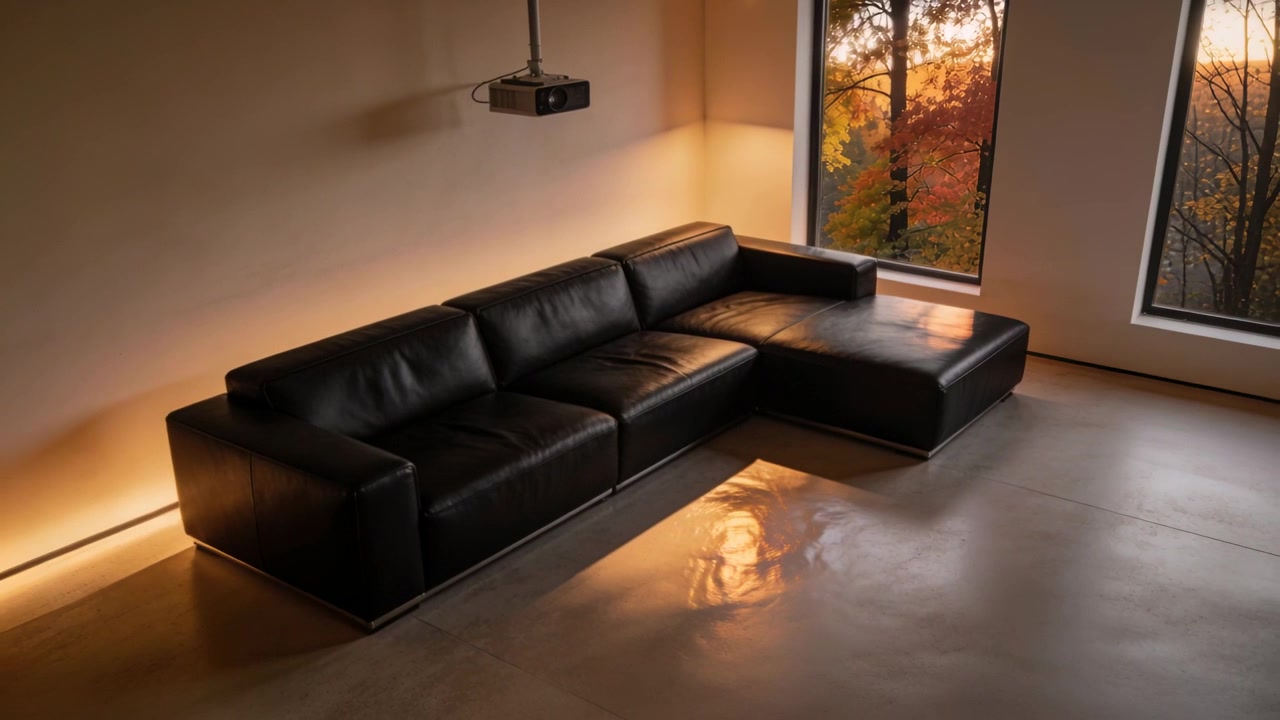 Shifting sunset light casting reflection on concrete floor in living room, black leather sectional
