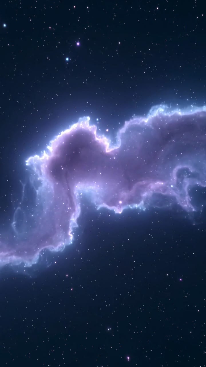 Vertical video: Purple nebula pulsing and drifting on play while blue rim glowing for astronomy