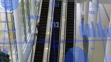 animación del procesamiento de datos estadísticos sobre vista aérea de un empresario en una escalera mecánica en la oficina