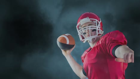 animation of caucasian male rugby player throwing the ball against copy space on dark clouds