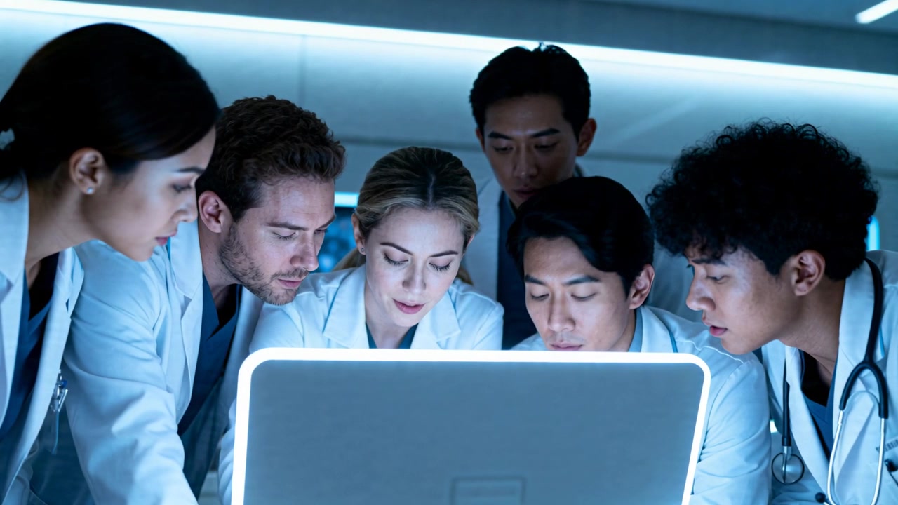 Bright monitor drawing team in lab coats, leaning in clinic, discussing case with stethoscope