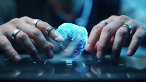 futuristic interaction with holographic objects: a glimpse into advanced technology and digital interfaces as hands manipulate a floating sphere of light