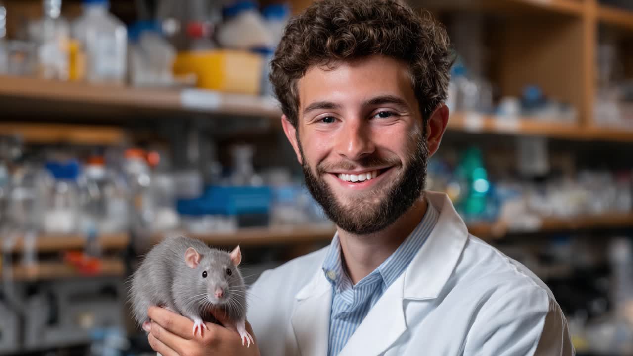 Un ricercatore specializzato in camice da laboratorio sorride mentre tiene in mano un ratto, a simboleggiare l'importanza degli studi sugli animali nella ricerca scientifica e nei progressi medici