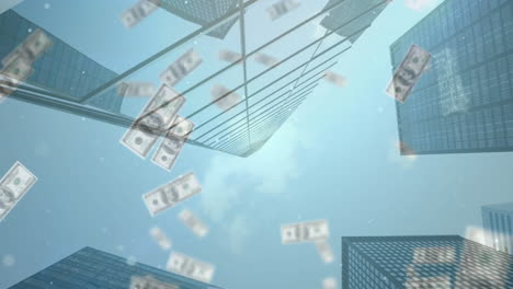 animation of falling dollar bills over low angle view of modern buildings against sky