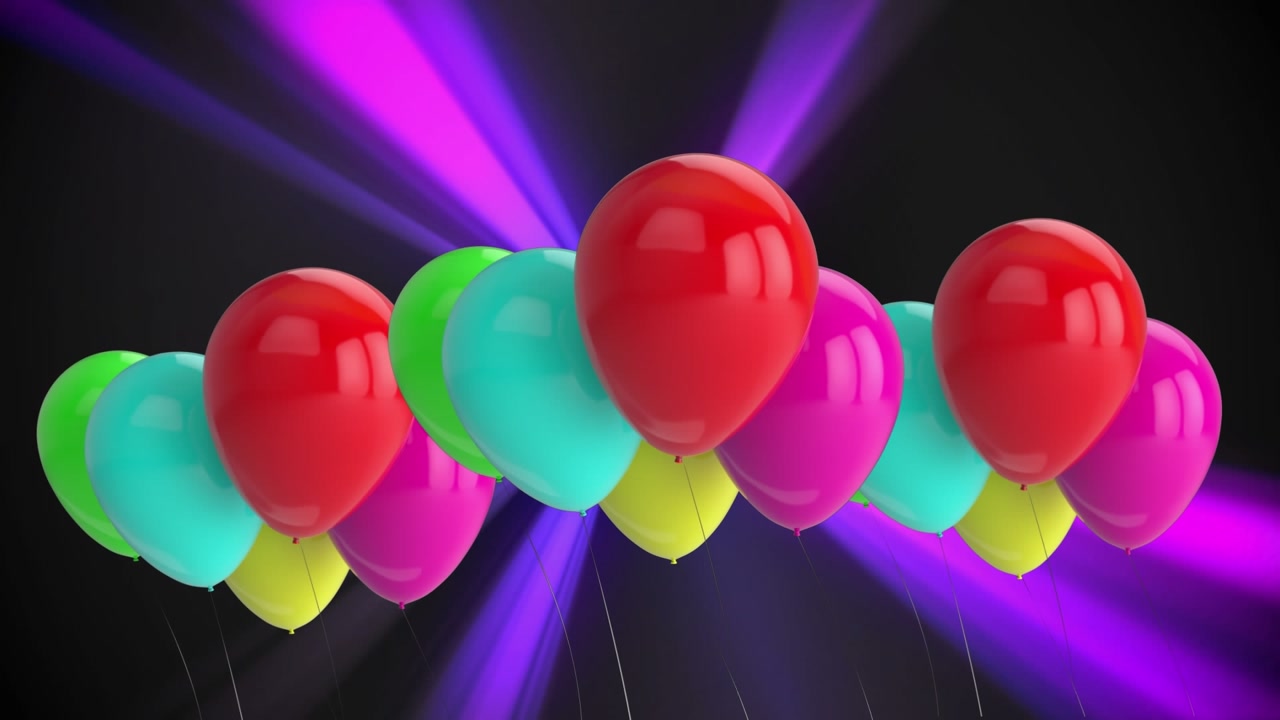Animation of balloons over purple trails on black background