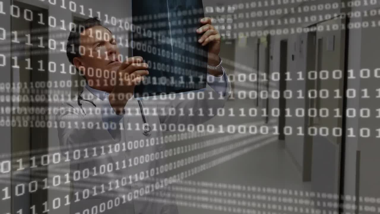 Animation of binary coding data processing over male doctor checking x ray