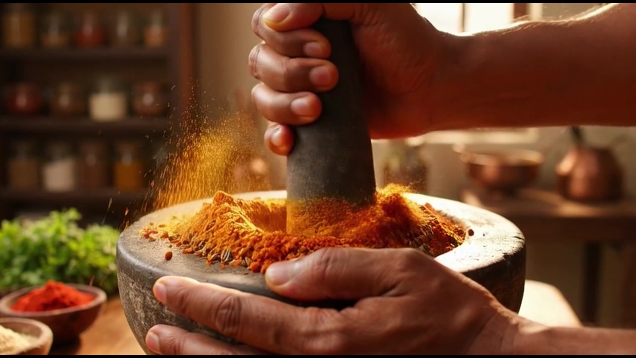 Chef Grinding Fresh Spices in a Stone Mortar and Pestle