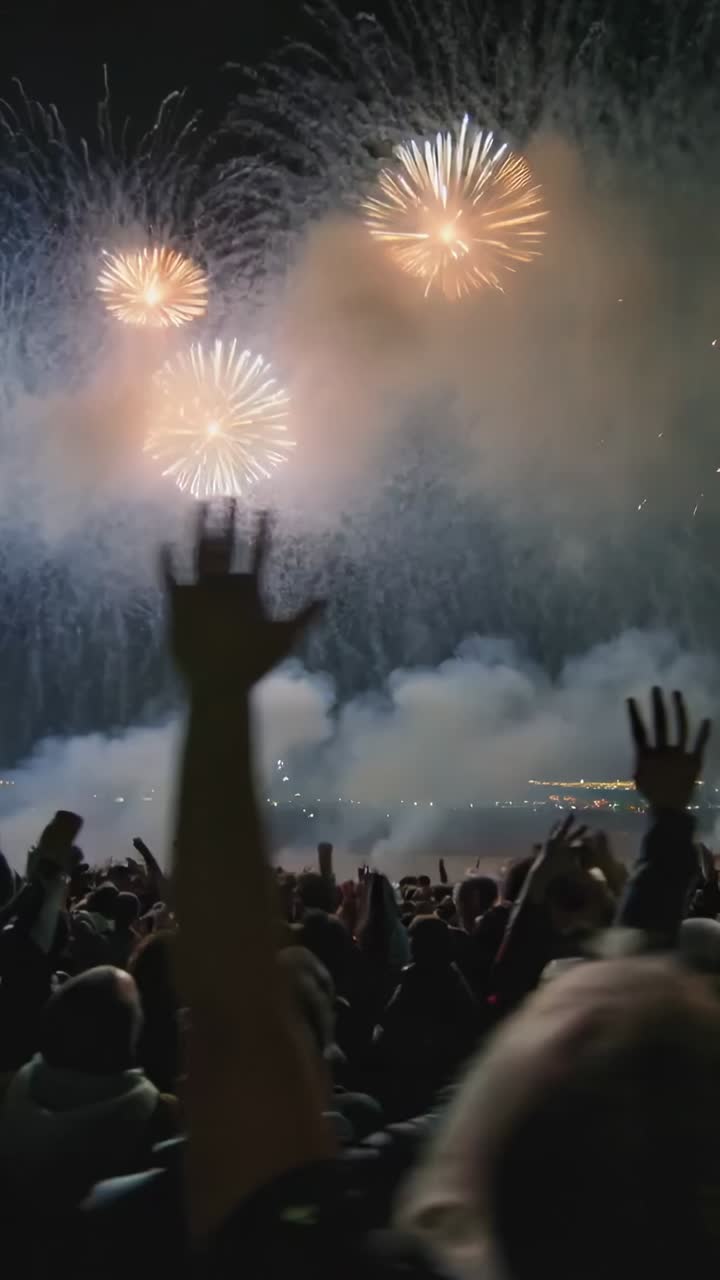 Video verticale: reazione ai primi colpi in ascesa, folla che alza i telefoni e applaude al festival