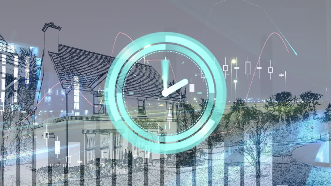 Animation of clock moving fast and statistics data processing over cityscape