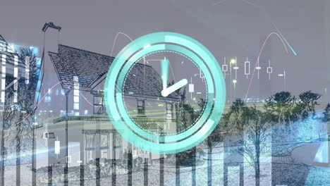 animación de reloj que se mueve rápido y procesamiento de datos estadísticos sobre el paisaje urbano