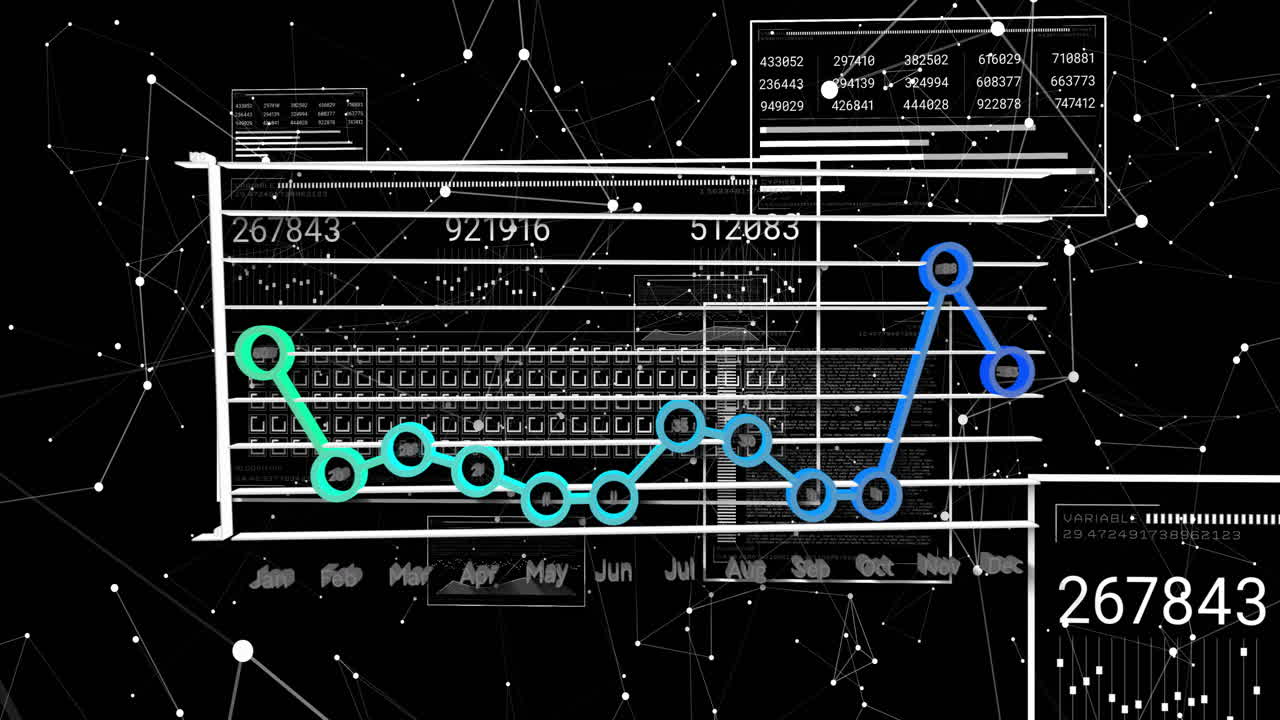 animación del procesamiento de datos y diagramas sobre fondo negro