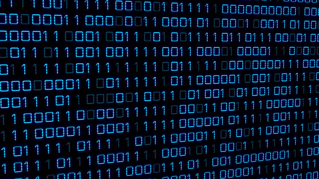 Animation of blue binary code changing on black background