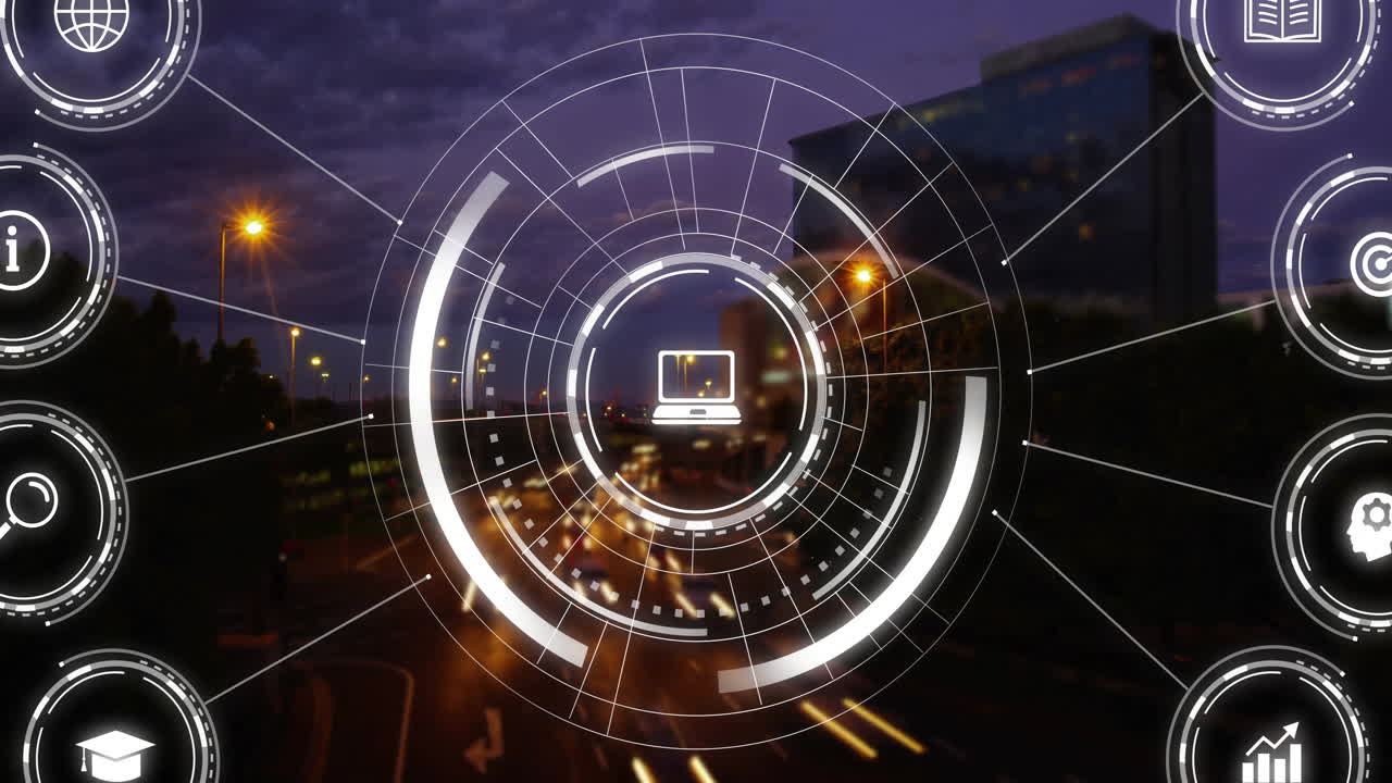 Animation of digital cions and data processing over cityscape