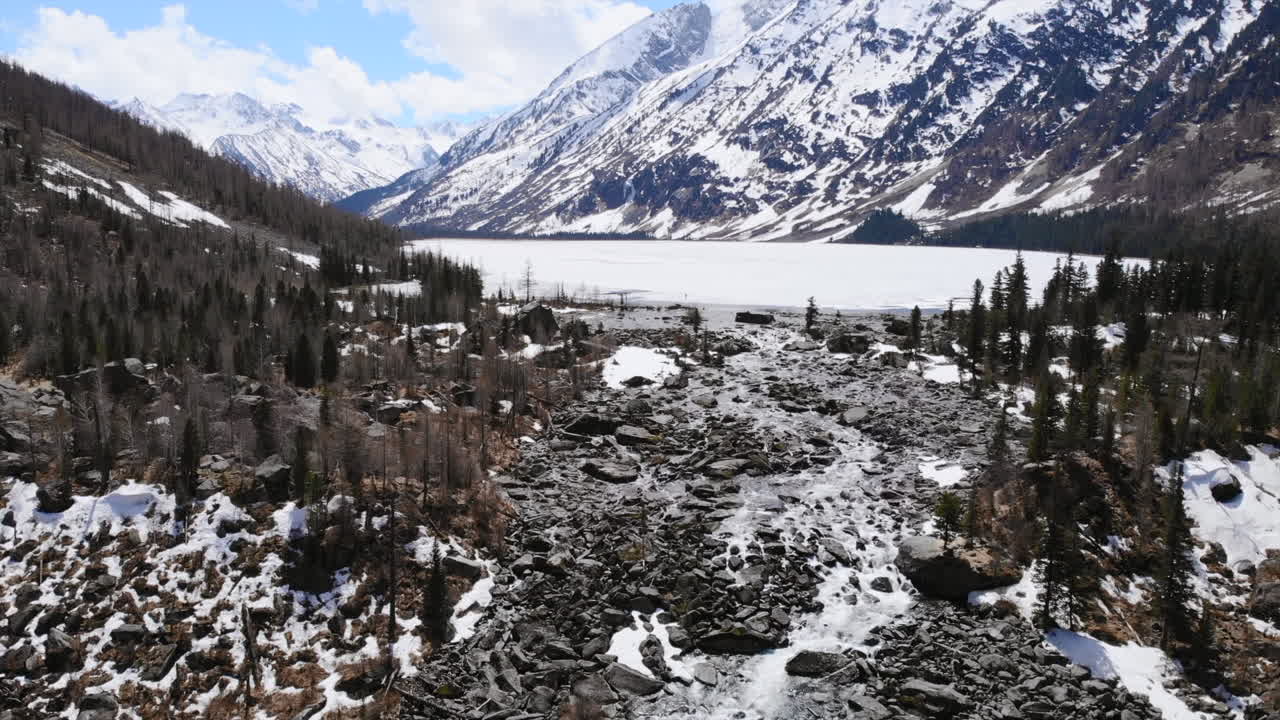 Majestic Mountain Landscape with Frozen Lake and Rocky Riverbed