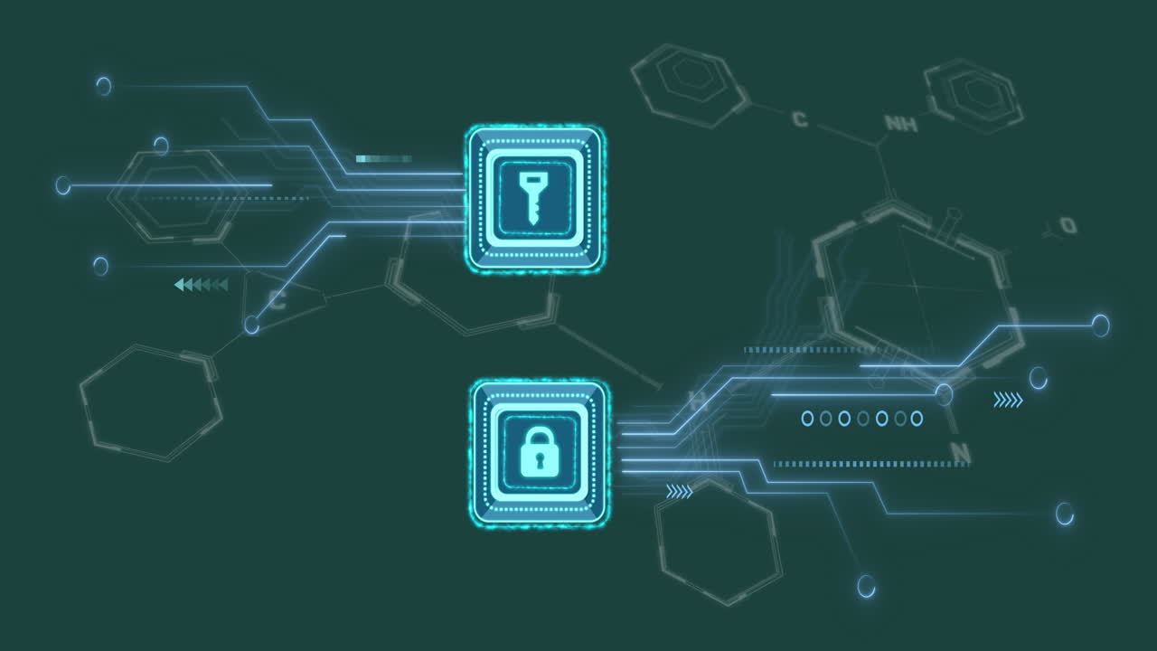 Animation of key and padlock icons over chemical formula on green background