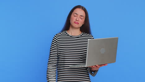 displeased woman use laptop surprised by bad news fortune loss play game fail lottery results