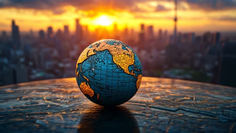 globe at sunset overlooking city skyline with dramatic lighting