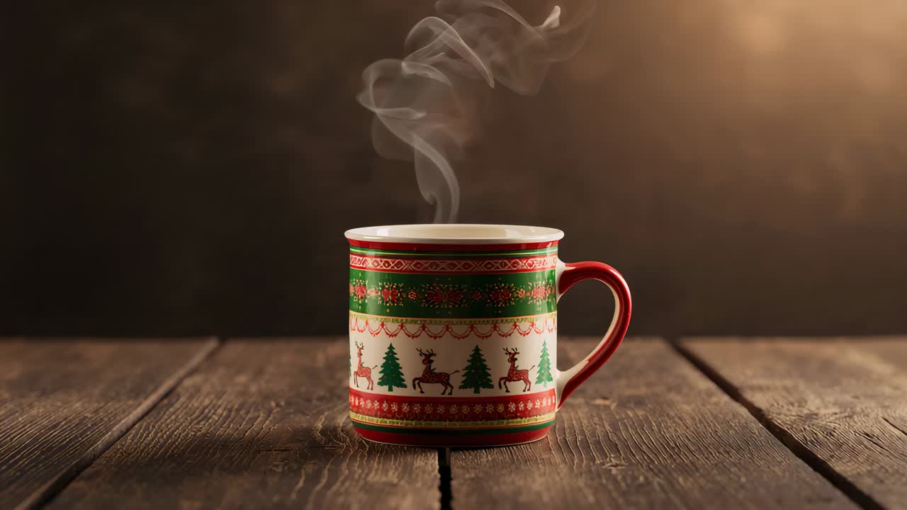 Una tazza festiva con manico rosso, da cui esce del vapore, appoggiata su un tavolo rustico mentre una bevanda calda si raffredda