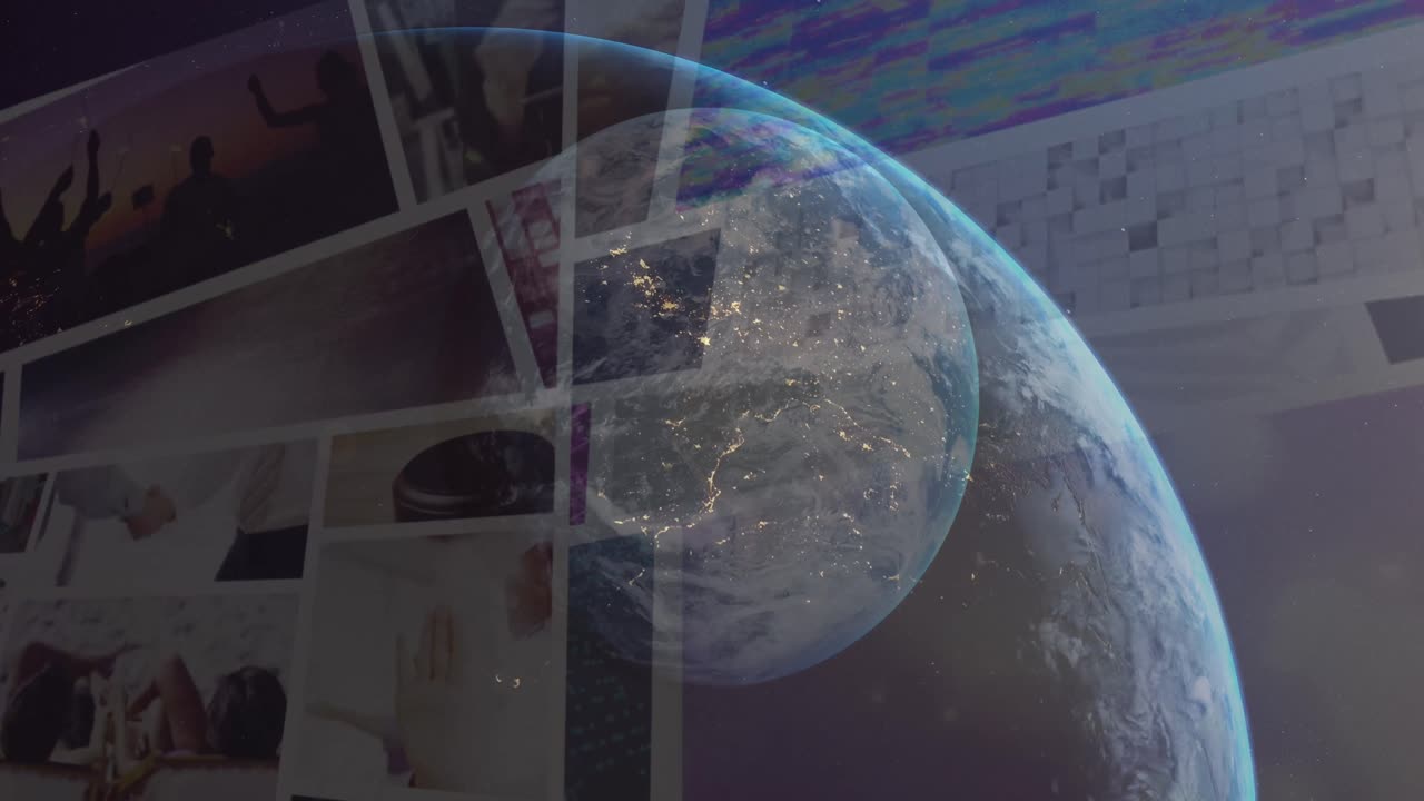 화면과 태양에 있는 데이터 위에 회전하는 지구의 애니메이션