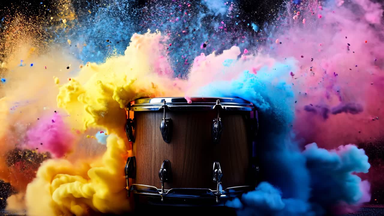 A drum is shown with colorful powder around it. The drum is the main focus of the image, and the colorful powder surrounding it creates a sense of excitement and energy. Concept of a lively