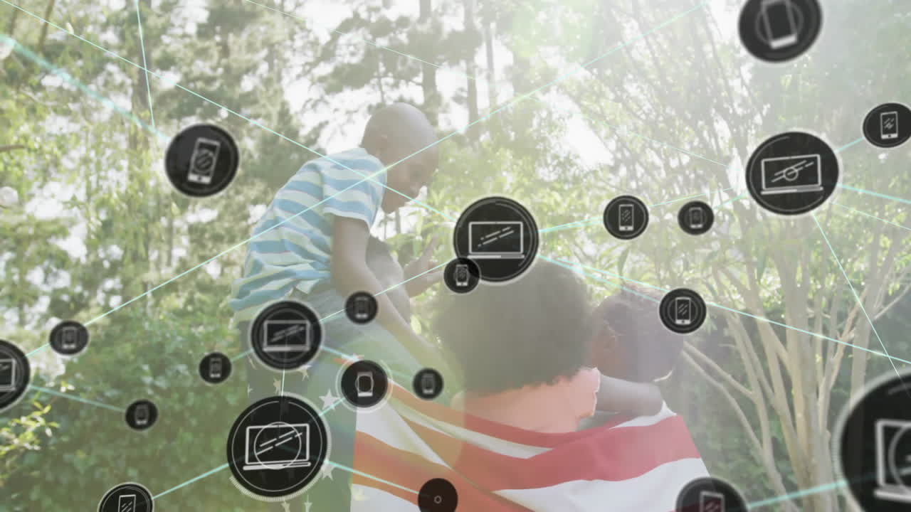 Playing outdoors, family interacting with animation of digital network icons
