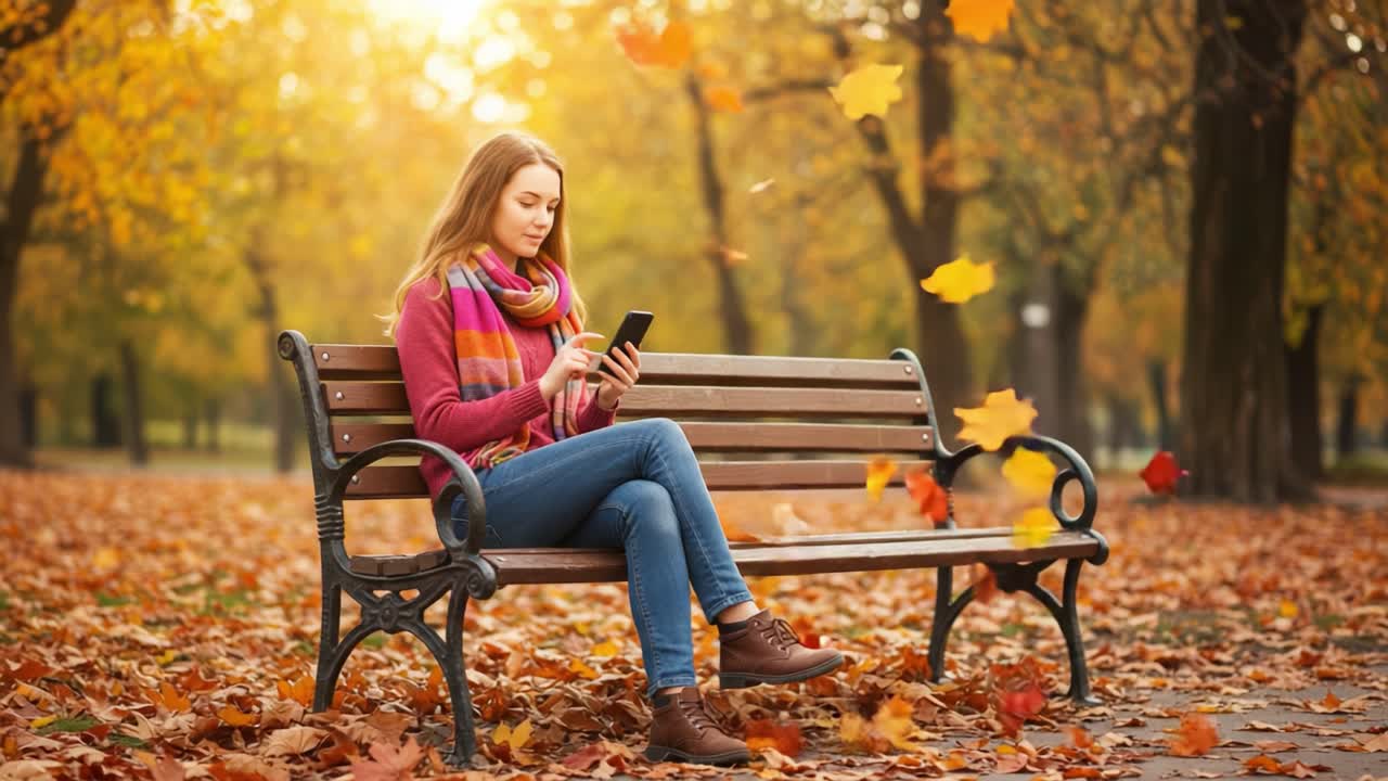 A Young Woman Enjoying a Serene Autumn Day in the Park, Engaged with Her Smartphone While Colorful Leaves Fall Around Her, Creating a Picturesque Scene of Nature's Beauty