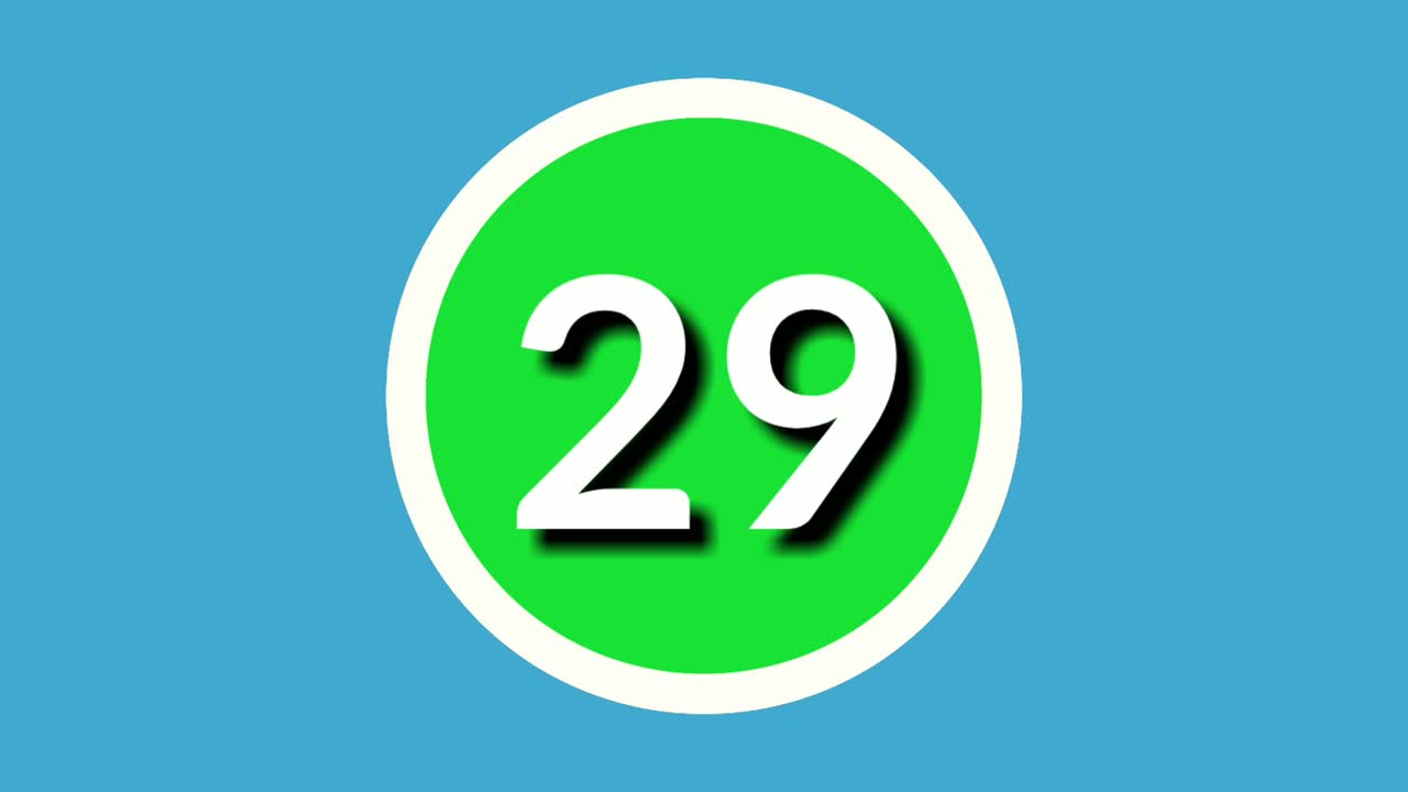 Number twenty nine 29 sign symbol animation motion graphics on green sphere on blue background,4k cartoon video number for video elements