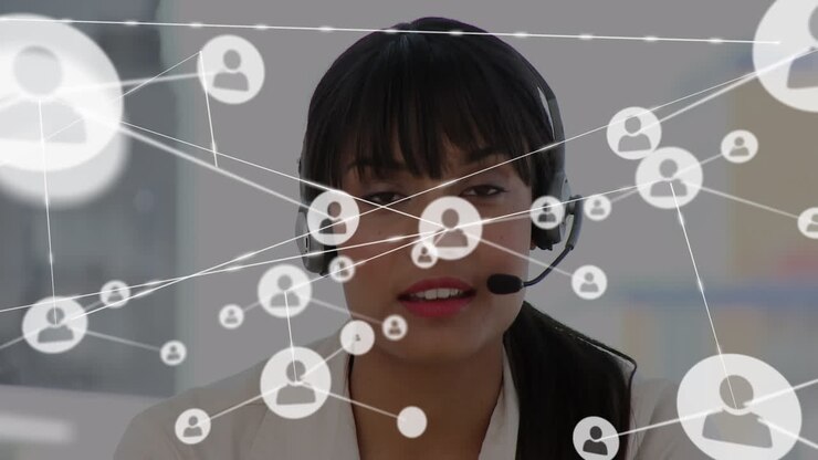 Animation of network of connections and icons over businesswoman wearing headset