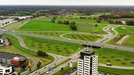 Aerial-drone-shot-of-a-Dutch-highway-intersection