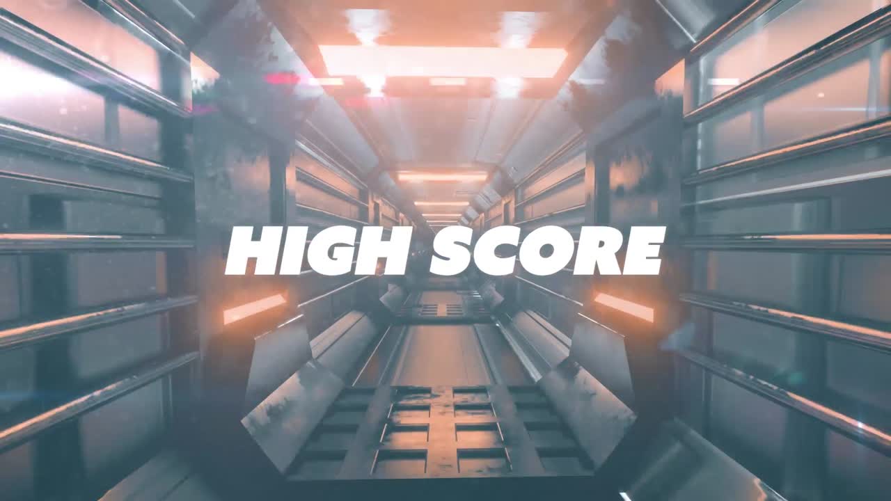 Digital animation of high score text against glowing tunnel