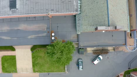 aerial top down of brick buildings