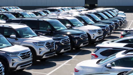 rows of new suvs in a large parking lot