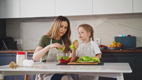 Madre-E-Hija-En-La-Cocina,-Vestidas-Con-Delantales-Grises