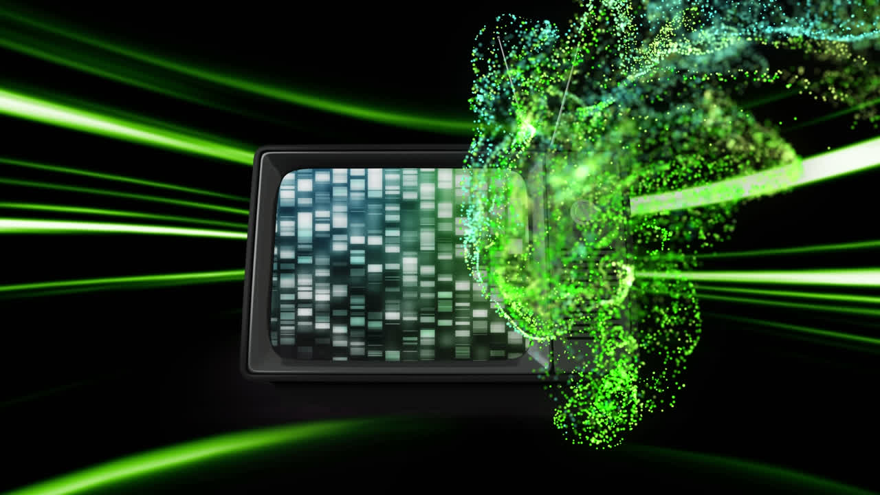animación de humo y líneas verdes sobre la televisión antigua