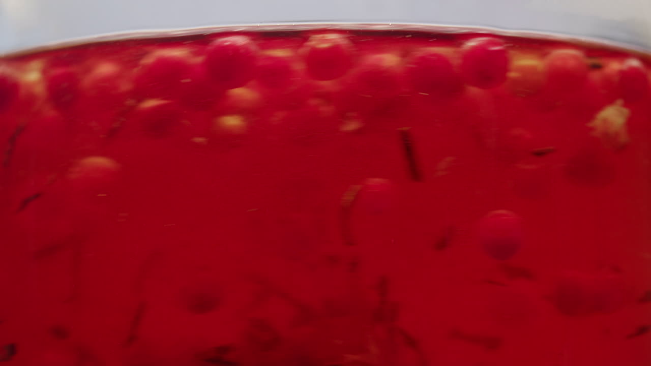 Frozen cranberries cooking for tea or jam, Background Close up of cranberry berries in on the kitchen, chef making dessert healthy pie.
