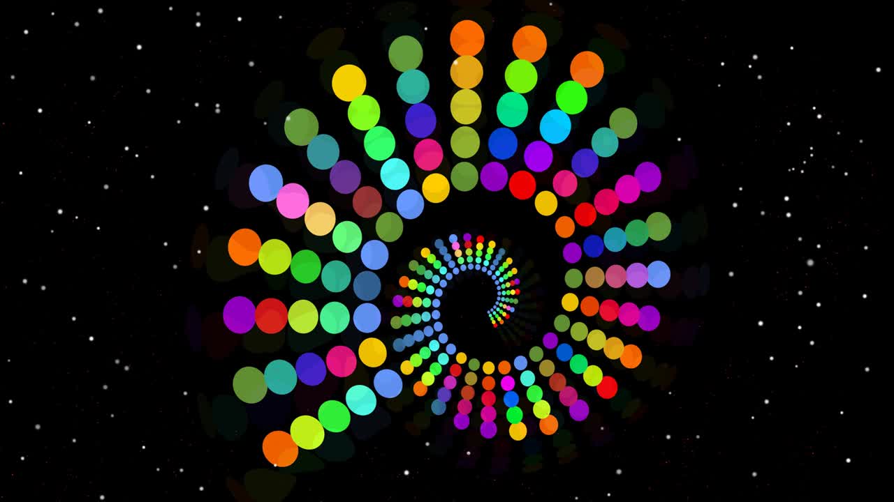 espiral del arco iris psicodélico, túnel multicolor en fondo negro con pequeñas estrellas parpadeantes y puntos de píxeles rojos
