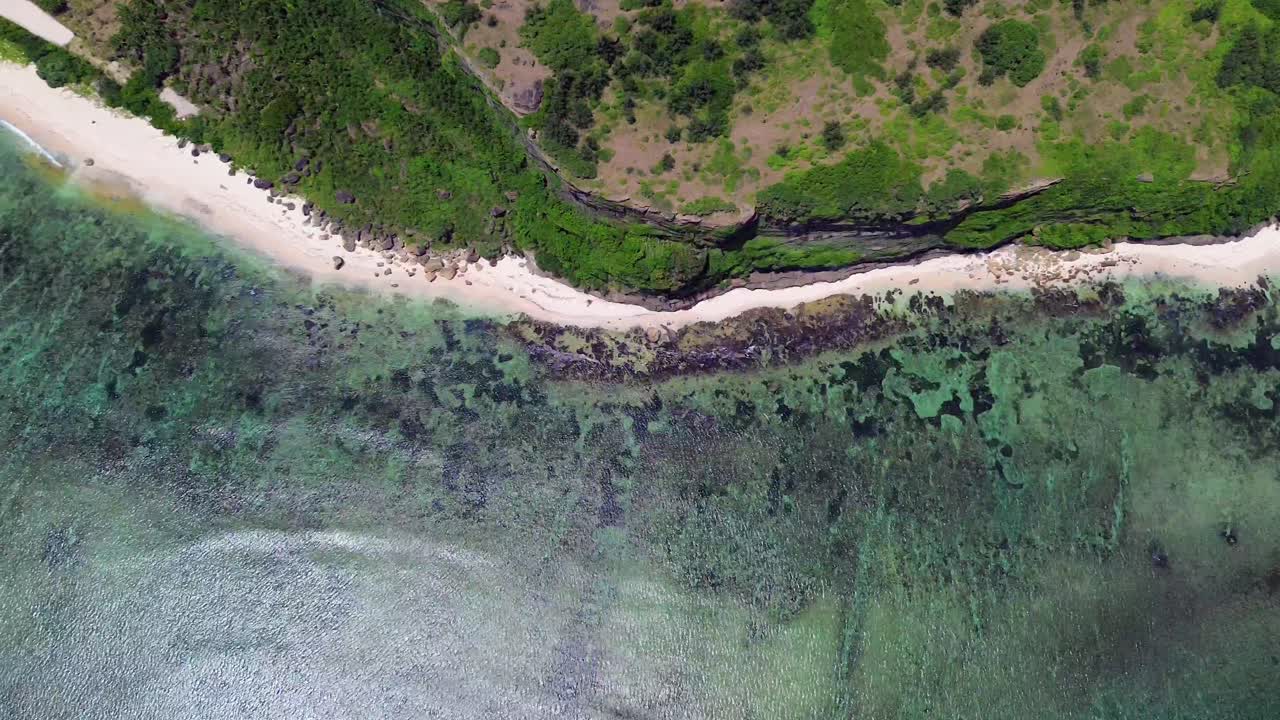 Top-down drone shot panning left across rocky beach, coral reefs and tropical vegetation