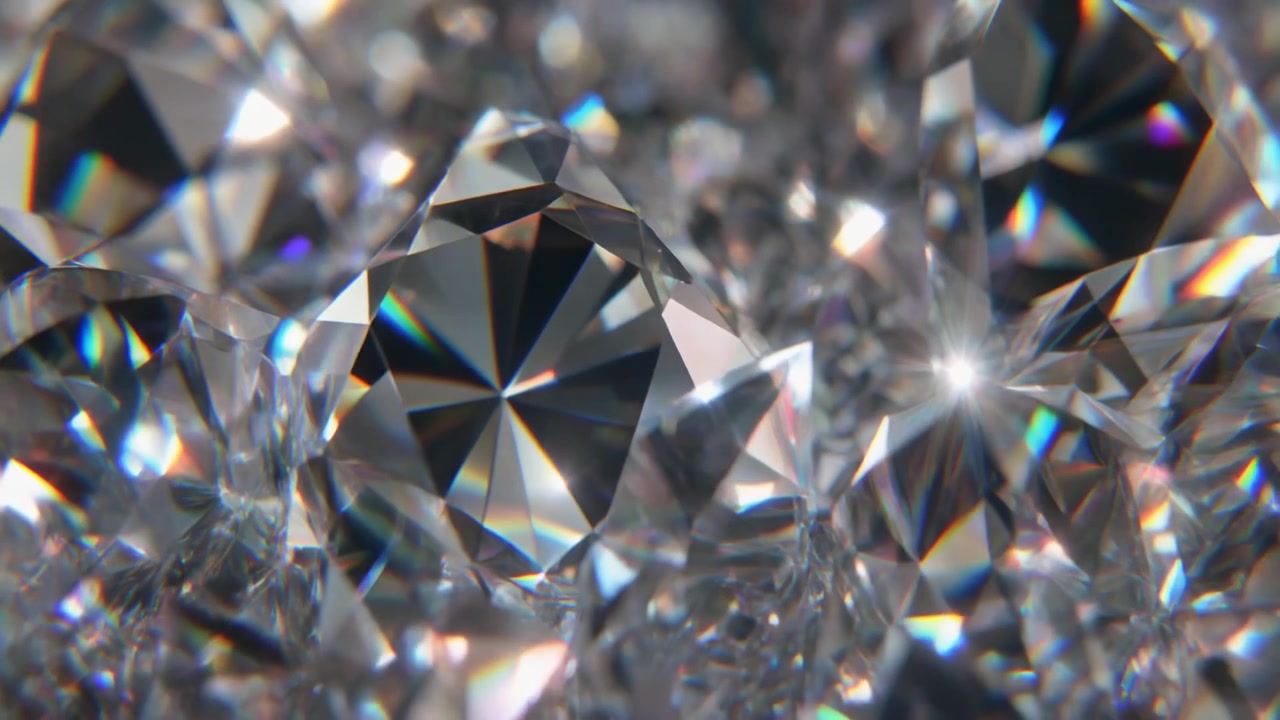 Nærbillede af funklende facetterede diamanter, der reflekterer lys.