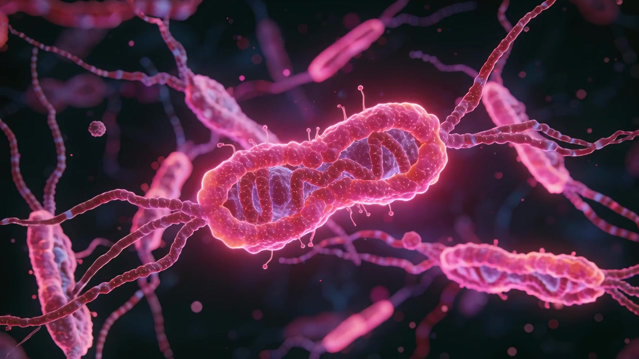 Rotating rod microbe translating under microscope, camera zoom revealing internal helix drifting