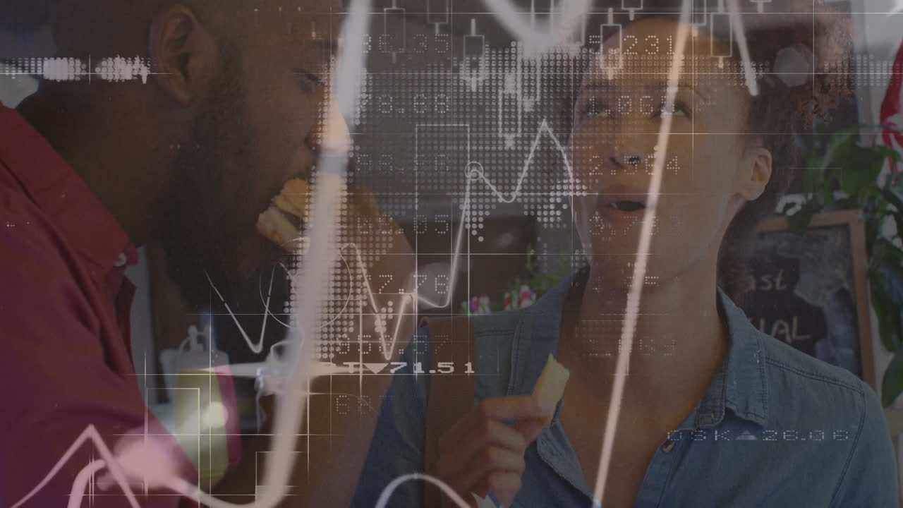 Animation of data processing over african american couple using smartphone